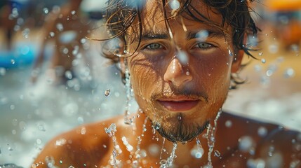 A young man with wet hair and a beard enjoys a refreshing moment at the beach, with water droplets captured mid-splash around him, creating a lively and dynamic scene.
