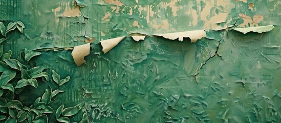 Poster - The green paint of forest motif peels off the wallpaper, revealing a blank canvas with copy space image.