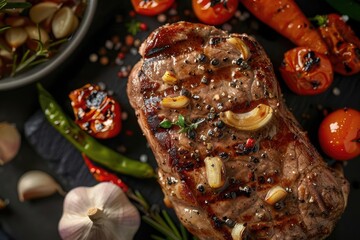Wall Mural - Grilled steak with garlic cloves and vegetables. Perfect for BBQ, culinary blogs, and food magazines seeking high-quality meat imagery.