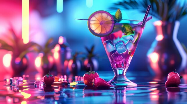 Futuristic cocktail with vibrant glowing ingredients, Modern, Bright colors, 3D illustration