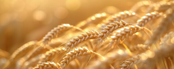 Golden wheat field close-up, glistening in the sunlight. Vibrant agricultural image depicting ripe wheat ready for harvest in natural light.