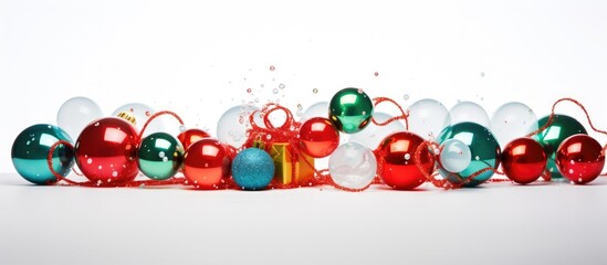 Poster - A festive Christmas gift adorned with holiday-themed bubbles and ribbons set against a white backdrop, perfect for a copy space image.