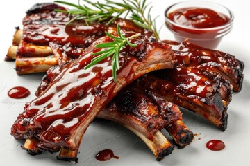 deliciously grilled, saucy bbq ribs served with fresh rosemary and a side of barbecue sauce, perfect