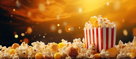 Aufkleber - Colorful background with delicious cheese and caramel popcorn, perfect for a movie night. Ideal for cinema and entertainment concepts, with a banner providing copy space image.