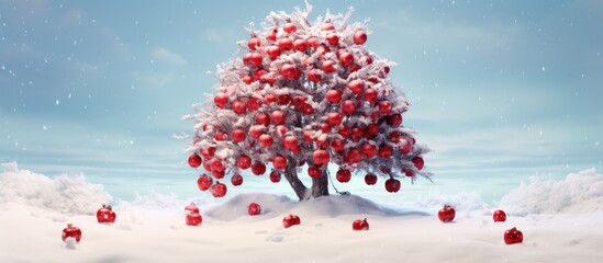 Aufkleber - A festive Christmas scene with a red tree crafted from berries and apples atop snow, creating a picturesque setting with copy space for an image.