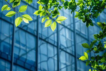 Eco-friendly building in the modern city. Green tree branches with leaves and sustainable glass building for reducing heat and carbon dioxide. Office building with green environment. Go green concept