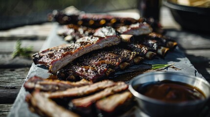 Wall Mural - Deliciously grilled barbecue ribs served with a side of dipping sauce, perfect for a mouth-watering meal. Outdoor setting enhances the rustic vibe.