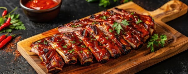 Wall Mural - Delicious barbecued ribs served on a wooden board with sauce and garnish. Perfect for food and culinary presentations.
