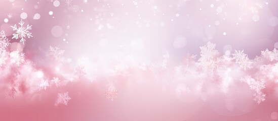 Poster - Background for Christmas with pink hues featuring delicate snowflakes, ideal for framing text or other elements, with ample space for inserting images.