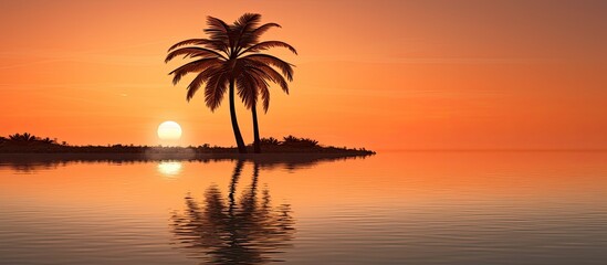 Wall Mural - A serene sunrise setting with a palm tree and pond reflecting light, perfect as a copy space image.