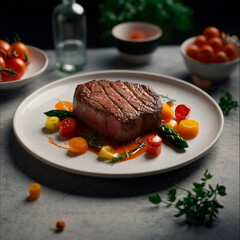 Juicy, caramelized steak paired with a vibrant medley of fresh vegetables, artfully arranged on the plate. Each bite offers a symphony of textures and flavors, making for an exquisite