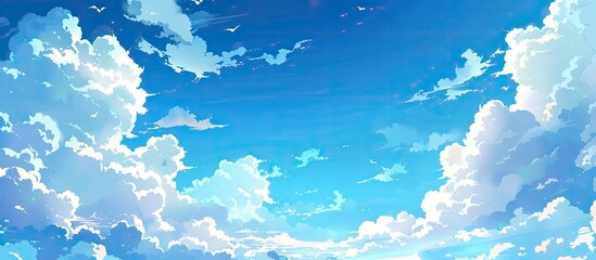 Poster - Sunny blue skies with fluffy white clouds provide a picturesque background ideal for text placement in an airy atmosphere. with copy space image. Place for adding text or design
