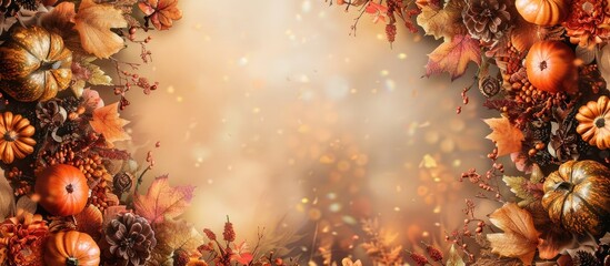 Aufkleber - Fall-themed decorations featuring pumpkins, flowers, and leaves, perfect for Thanksgiving or Halloween, with space for images. with copy space image. Place for adding text or design