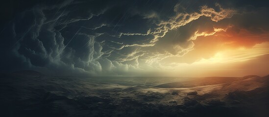 Wall Mural - Dramatic dark storm clouds in a windy post-sunset sky, ideal as a backdrop for design with copy space image.