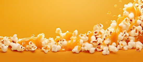 Aufkleber - Colorful background showcasing tasty cheese and caramel popcorn, ideal for cinema nights or entertainment themes. Delicious appetizer and snack with a designated copy space image for text.