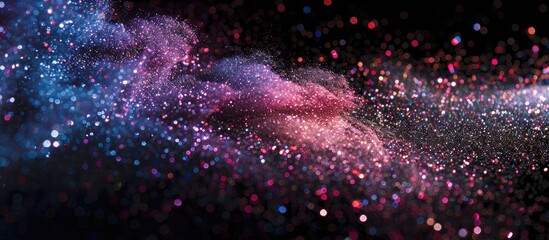 Aufkleber - Freeze motion of multicolored glitter texture exploding, creating an abstract powdery splatter on a black background with copy space image.