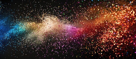 Aufkleber - Freeze motion of multicolored glitter texture exploding, creating an abstract powdery splatter on a black background with copy space image.