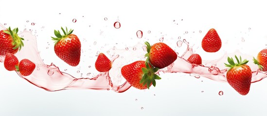 Fototapete - Strawberry pieces on white backdrop with copy space image. Flying fresh natural slices isolated in the air.