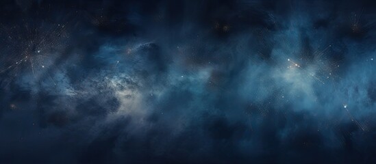 Fototapete - Panoramic banner with rustic dark blue texture capturing long fireworks during the night with a top view perspective and empty space for text. with copy space image. Place for adding text or design
