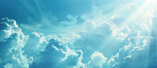 Poster - Sunlight filtering through clouds in a blue sky creates a serene atmosphere in the copy space image.