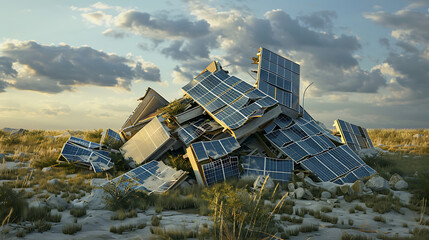 Nature Reclaims: End of Green Power - Broken and old solar panels trash. 