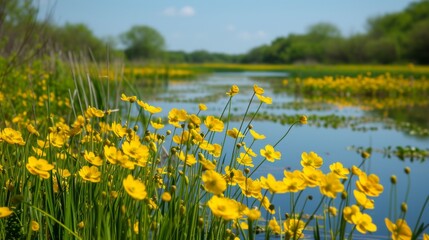 Poster - A picturesque spring scene featuring a marsh filled with bright yellow flowers in full bloom