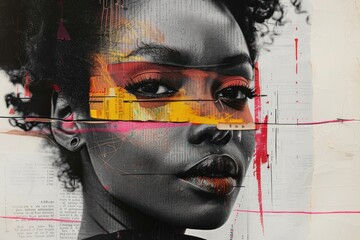 portrait of retro black woman with colorful collage effect, abstract female portrait with geometric 