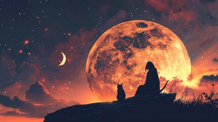 Silhouette Beautiful Witch and a Cat Looking at The Giant Moon, Digital Art Illustration