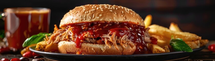 Wall Mural - Close-up of a delicious pulled pork burger with barbecue sauce and fries on a dark background, perfect for food and culinary themes.