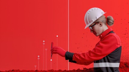 Wall Mural - woman engineer measuring a site, International Women in Engineering Day, adult, people, illustration, vector, females, love - emotion, concepts, politics and government, poster, red, icon symbol,