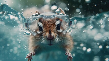 A chipmunk with diving goggles dives in the water. Surreal fun concept of nature, animals and summer, summer swimwear