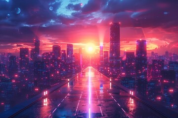 Poster - futuristic city skyline with pink sunset and neon lights