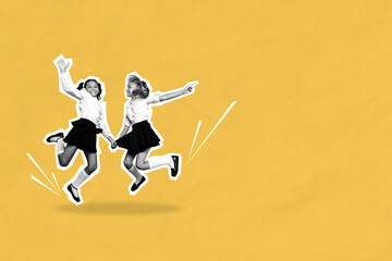 Sticker - Composite photo collage of happy blonde brunette schoolgirls jump education wear uniform classmates isolated on painted background