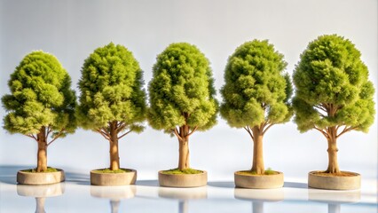 Five potted miniature trees in a row on white background