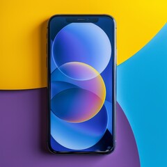 Poster - Top view of smartphone on colorful abstract background with geometric shapes