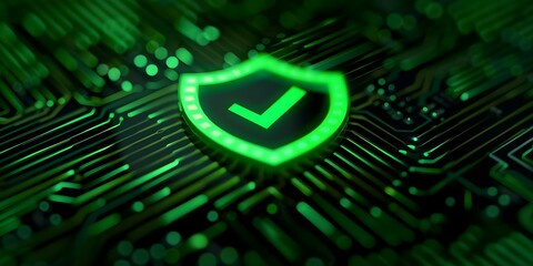 Wall Mural - Detailed image of green shield checkmark symbol on circuit board for cybersecurity. Concept Cybersecurity, Shield Checkmark Symbol, Green Color, Circuit Board, Detailed Image