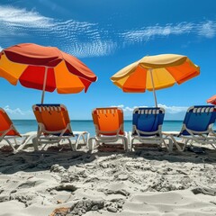 Sticker - A row of lawn chairs and umbrellas on a beach