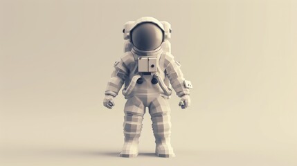 Wall Mural - A minimalist low poly design of an astronaut standing calmly against a plain background