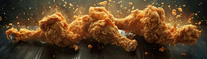 Wall Mural - Crispy fried chicken drumsticks with golden-brown breading on a dark wooden table, showcasing delicious texture and detail with crumbs flying off.