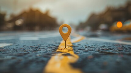 Aufkleber - A single yellow location pin stands on a paved road with a blurry background, representing the concept of navigation and travel. Generative AI