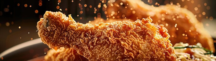 Wall Mural - Close-up of crispy golden-brown fried chicken leg with seasoning flakes falling, capturing the delicious and savory texture of the food.