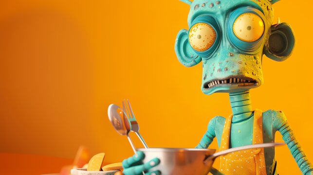 a green alien character with large eyes and a long neck is holding a strainer and a fork, looking co