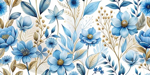 Poster - Art background with transparent blue flowers with golden elements in transparent style. Botanical floral poster set for design print, textile, wallpaper, interior design, wallpaper, invitations