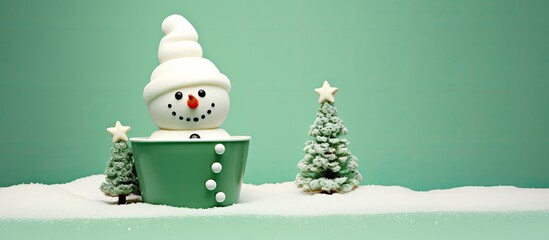 Leinwandbilder - Festive Christmas card featuring a playful marshmallow snowman in a green cup, along with a Christmas tree, snow, sled, and available copy space image.