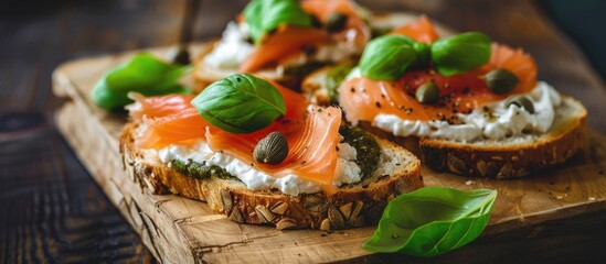 Poster - A wooden table displays tasty sandwiches topped with cream cheese, salmon, capers, and pesto, creating an appetizing copy space image.