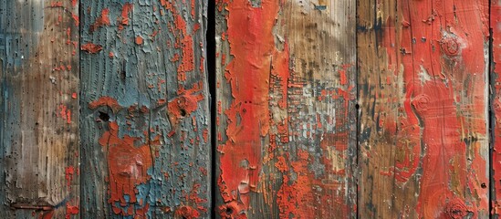 Poster - Aged and weathered paint layers create abstract patterns on a wooden surface in a copy space image.