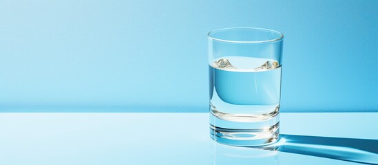 Poster - Clear water in a glass with a shadow on a blue background, providing copy space for a mockup image.
