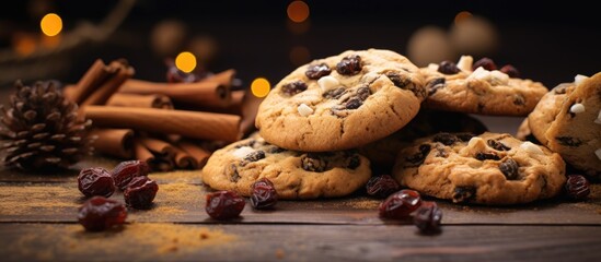 Leinwandbilder - Christmas cookies with chocolate chips, nuts, and dried fruits make a delicious sweet dessert perfect for the holiday season, ideal for a festive snack with a copy space image as a background.