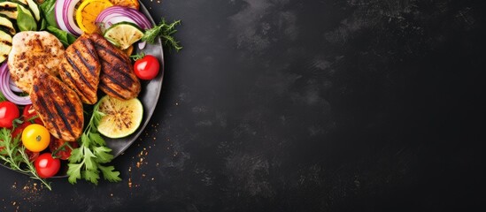 Aufkleber - Top view of a healthy ketogenic lunch menu showcasing grilled chicken breast, fillet, steak, and a fresh vegetable salad with copy space image for customization.