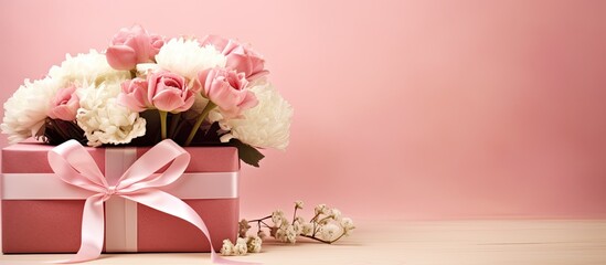 Aufkleber - Celebrate Mother's Day with a lovely arrangement of flowers, a gift box, and ribbon on a pink background, perfect for adding text in the copy space image.